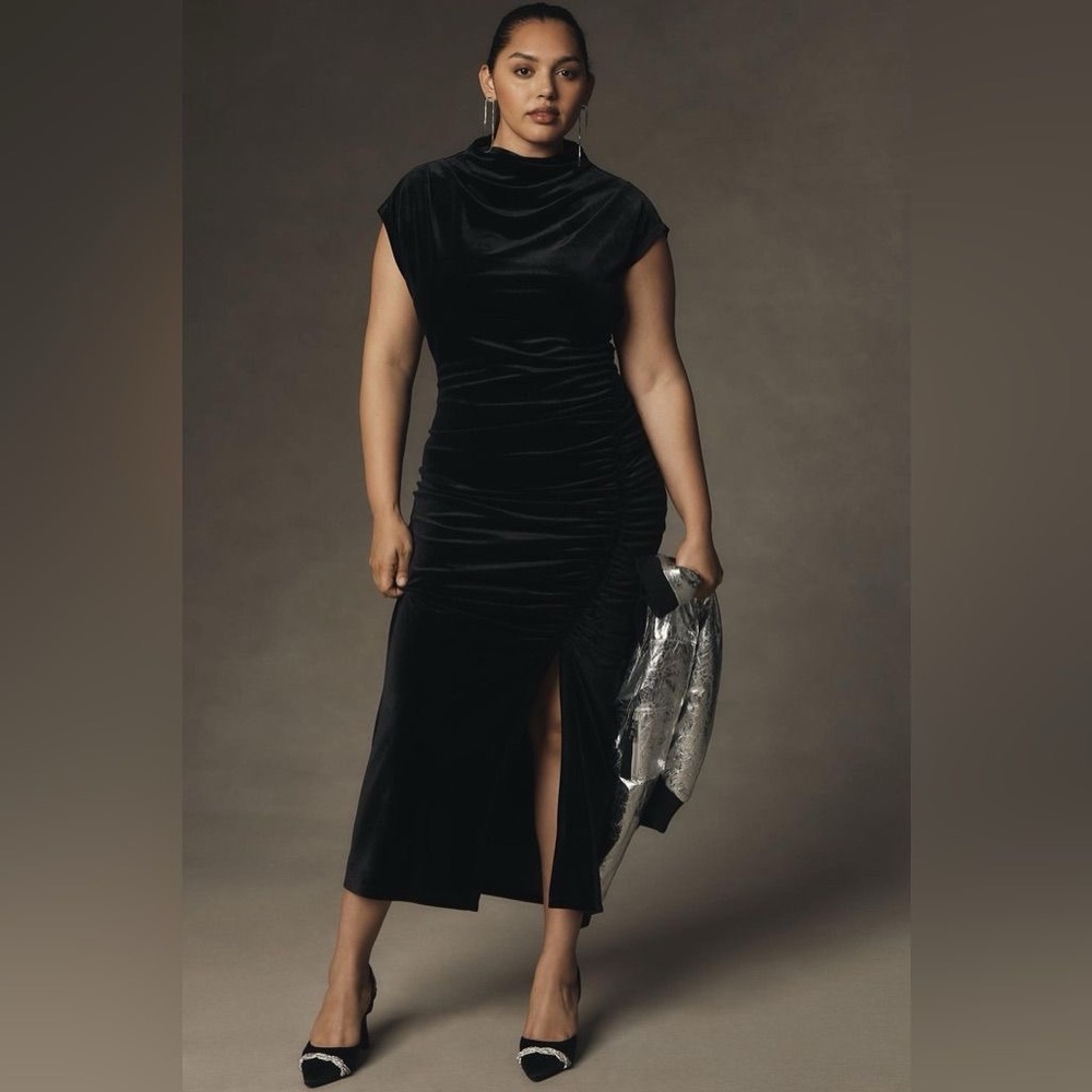 The Maya Ruched Cowl-Neck Midi Dress: Stretch Velvet Edition